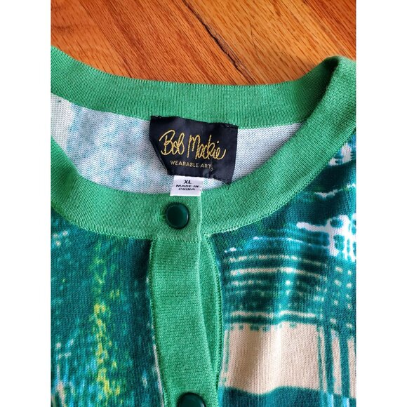 Bob Mackie Wearable Art XL Green Abstract Buttons Cardigan Sweater 3/4 Sleeves - Picture 6 of 7
